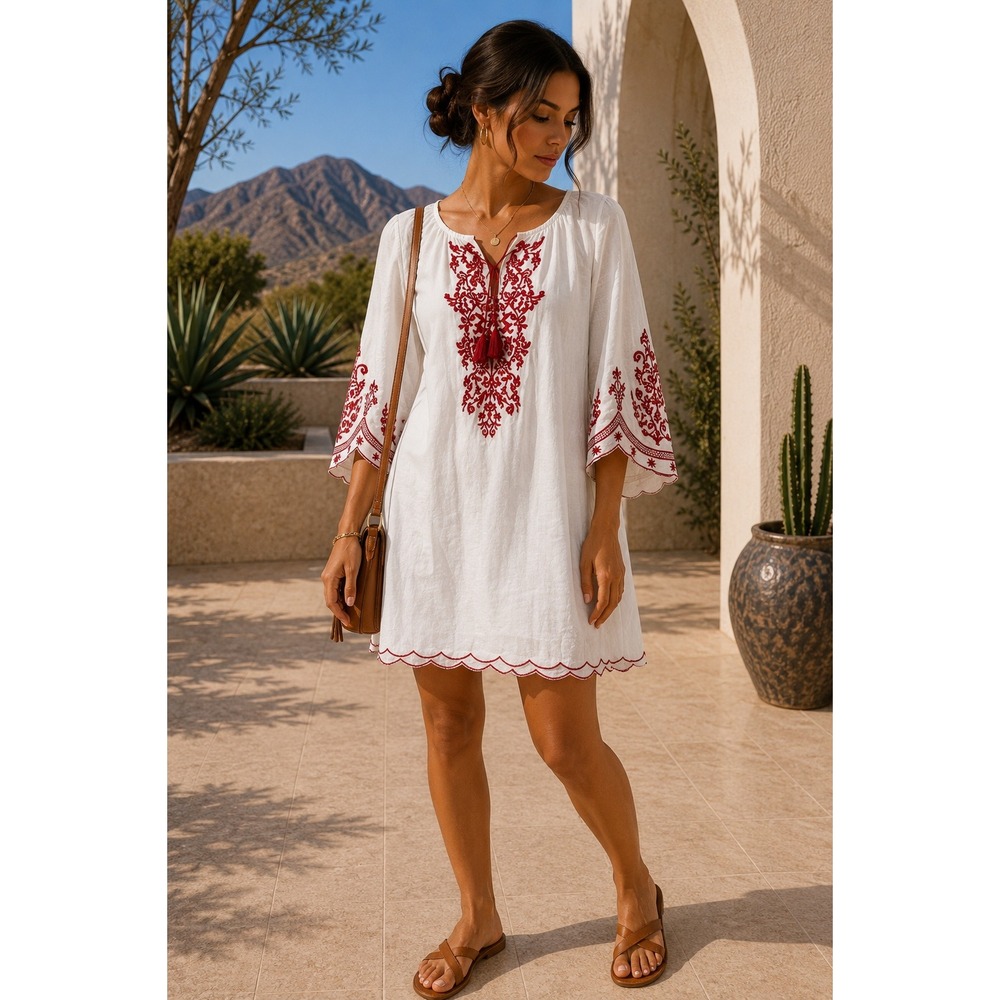 Chic Connection White Red Embroidered Boho Peasant Tunic Dress Large Tassel Tie